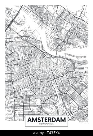 Mappa della città di Amsterdam, vettore di viaggio design poster piano particolareggiato della città, fiumi e strade Illustrazione Vettoriale