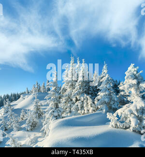 Cumuli di neve in inverno coperta di neve montagna e abeti su Hill Top e torbido profondo cielo blu Foto Stock