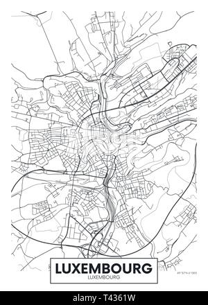 Mappa della città di Lussemburgo, vettore di viaggio design poster piano particolareggiato della città, fiumi e strade Illustrazione Vettoriale