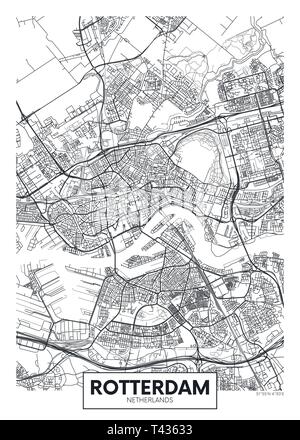 Mappa della città di Rotterdam, vettore di viaggio design poster piano particolareggiato della città, fiumi e strade Illustrazione Vettoriale