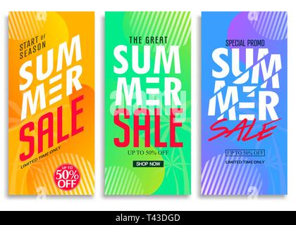 Estate vendita trazione verticale fino Banner impostato con Bright Vivid gradiente dello sfondo, motivi eleganti testi e il logo fino al 50% di sconto Creative Design Vettoriali Illustrazione Vettoriale