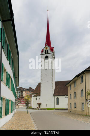 Vista orizzontale della storica città vecchia medievale di Bremgarten nel cantone svizzero di Aargau Foto Stock