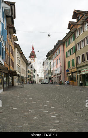 Vista orizzontale della storica città vecchia medievale di Bremgarten nel cantone svizzero di Aargau Foto Stock