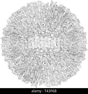 Il disegno vettoriale di alta moderni edifici a copertura sfera o il mondo o globo come metafora dell'economia globale, business aziendale o del settore finanziario. Illustrazione Vettoriale