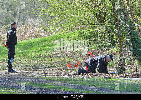 La ricerca di polizia Ystrad Mynach Park nel Galles del Sud dove un 13-anno-vecchio ragazzo morto dopo essere stato trovato in stato di incoscienza il venerdì sera. Foto Stock