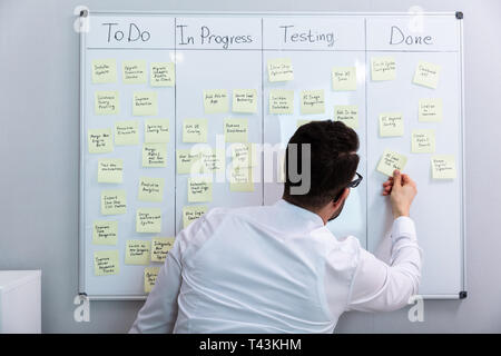 Vista laterale di imprenditore iscritto su foglietti adesivi attaccati alla scheda bianca in Office Foto Stock