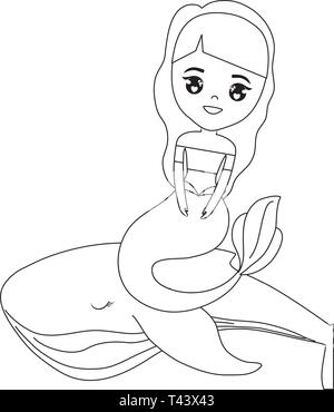 Carino mermaid seduta nel vettore di balena illustration design Illustrazione Vettoriale