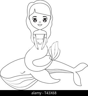 Carino mermaid seduta nel vettore di balena illustration design Illustrazione Vettoriale