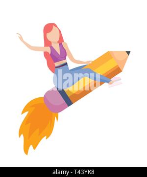 Donna battenti in rocket launcher con matita illustrazione vettoriale design Illustrazione Vettoriale