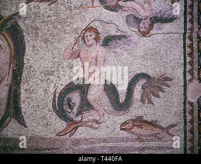 Mosaico romano - close up di Eros a cavallo di un delfino. Il Oceanos & Tethys mosaico, fom la casa di Oceanos, Zeugma. 2a - III secolo D.C. Zeugma Mosaico Foto Stock