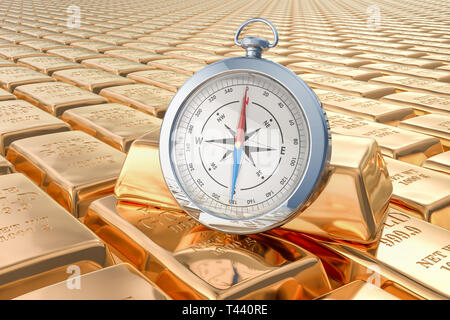 Oro lingotti sfondo con bussola, rendering 3D Foto Stock