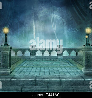 Fantasy balcone sfondo con lanterne e la vista verso il bosco incantato Foto Stock