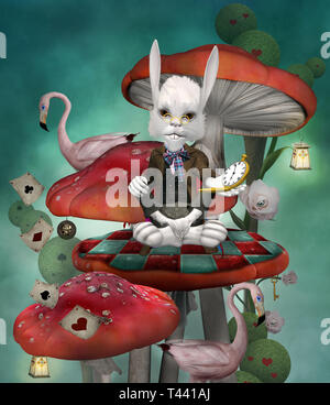 Coniglio con un orologio seduto su un fungo rosso in un paesaggio di fantasia Foto Stock