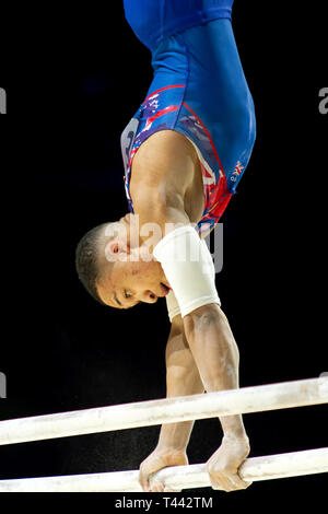 Birmingham, Inghilterra, Regno Unito. 23 marzo, 2019. La Gran Bretagna è Joe Fraser in azione durante gli Uomini Parallel Bars concorrenza, durante la ginnastica 2019 W Foto Stock