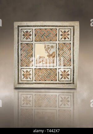 Foto di un geometrico mosaici romani con la fascetta lavoro e fiori cruciforme e con al centro una raffigurazione danneggiato di una esecuzione di cervi, dall'antica Foto Stock