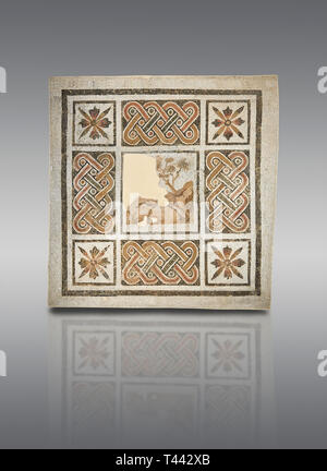 Foto di un geometrico mosaici romani con la fascetta lavoro e fiori cruciforme e con al centro una raffigurazione danneggiato di una esecuzione di cervi, dall'antica Foto Stock