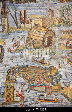 Dettaglio foto di una delle case con il Nilo allagate dalla famosa Ellenistico Romano paesaggio nilotica Palestrina mosaico o il mosaico del Nilo di Palestrina 1A Foto Stock