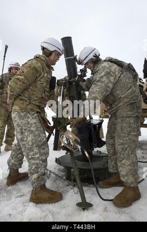 Paracadutisti dell'esercito assegnato alla sede centrale e sede società, 3° Battaglione, 509a paracadute Reggimento di Fanteria, quarta brigata di fanteria combattere Team (airborne), XXV divisione di fanteria, U.S. Esercito di Alaska, impostare un M121 120 mm sistema di mortaio durante il live-formazione antincendio a Malemute Drop Zone, Base comune Elmendorf-Richardson, Alaska, 13 marzo 2019. I soldati hanno affinato le loro equipaggio servita abilità di arma da fuoco di conduzione missioni utilizzando la M224 60 mm e M121 120 mm Sistemi di malta. Foto Stock