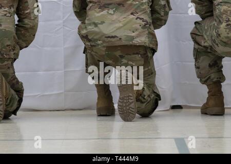 I soldati della 103 Theatre supporto comando prendere un ginocchio prima della caduta del soldato battaglia attraversa durante una cerimonia commemorativa, Marzo 16. Sgt. Holli Bolinksi e SPC. Jackson Johnson sono stati uccisi in un non-combat scontro del veicolo, 5 marzo mentre distribuito in Kuwait a sostegno di funzionamento inerenti a risolvere. Foto Stock