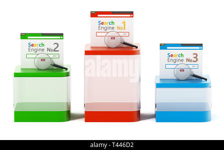 Classifica simbolico di tre motori di ricerca. 3D'illustrazione. Foto Stock