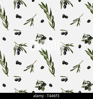 Acquerello olive branch seamless pattern. Disegnato a mano texture floreali con elementi naturali: olive nere e verdi, foglie Foto Stock