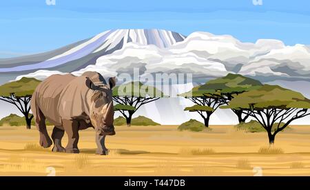 Grande rinoceronte africano a piedi nella savana in Africa illustrazione vettoriale Illustrazione Vettoriale