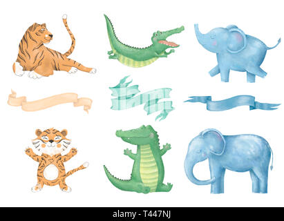 Crocodile tiger elephant digital clip art graziosi animali e fiori per scheda, poster, Foto Stock