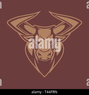 Immagine vettoriale di un arrabbiato testa di toro con grandi corna. Sport emblema con la testa di un toro. Illustrazione Vettoriale