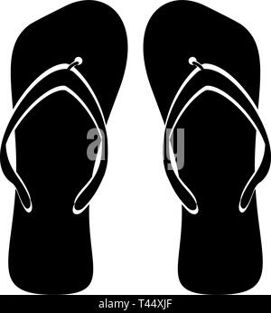 Beach flip flop nero piatto bianco isolato. Vector flip-flop monocromatico, calzature beach, pantofola forma dell'icona, nero - bianco illustrazione Illustrazione Vettoriale