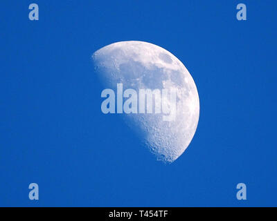 Queenborough, Kent, Regno Unito. Il 13 aprile 2019. Regno Unito: Meteo il waxing gibbous moon rising in un cielo blu chiaro questa sera in una fredda notte. Credito: James Bell/Alamy Live News Foto Stock