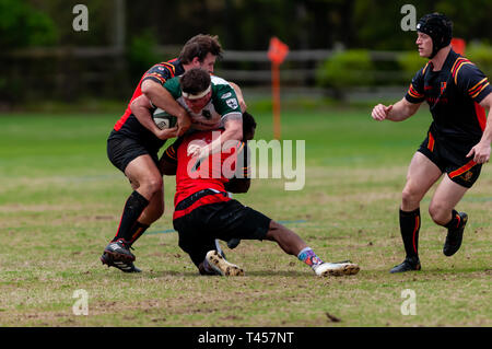 Pini del sud, North Carolina, Stati Uniti d'America. Xiii Apr, 2019. Aprile 13, 2019 - pini del sud, N.C., STATI UNITI D'AMERICA - .Uomini di Azione di rugby tra i pini del sud " Big coni'' e Atlanta 'traditori'' nel primo round del Carolinas Geographic Rugby Union D2 playoff a campi di Twin Farm. Pini del sud sconfitto Atlanta per 29-19 e verrà riprodotto il Atlanta 'Old White'' la prossima settimana in Atlanta. Credito: Timothy L. Hale/ZUMA filo/Alamy Live News Foto Stock