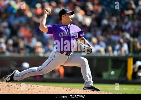 San Francisco, California, Stati Uniti d'America. Xiii Apr, 2019. durante la MLB gioco tra il Colorado Rockies e i San Francisco Giants presso Oracle Park di San Francisco, California. Chris Brown/CSM/Alamy Live News Foto Stock