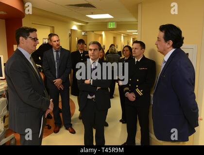 CHICAGO, Ill. (7 marzo 2019) Il dottor Steven Lieberman, deliberando principal vice sottosegretario di Stato per la salute per i veterani Health Administration, si incontra con il personale del capitano James A. Lovell Federal Health Care Center durante un tour dell'impianto. Lovell FHCC è il primo del suo genere e solo, centro sanitario che integra il Dipartimento della Difesa e degli Affari dei Veterani di cure mediche in una singola missione combinato. Foto Stock