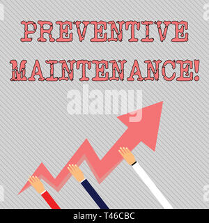 Segno di testo che mostra le operazioni di manutenzione preventiva. Business photo testo manutenzione di routine per aiutare a tenere le attrezzature fino a tre mani colorate Lightn a zig-zag Foto Stock