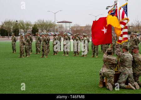 I candidati a partire dal 1° Stryker Brigade Combat Team, 1a Divisione di Fanteria attendere di essere insignito di un esperto Fantassin Badge o riconosciuto per i loro sforzi nel corso di una cerimonia a Fort Bliss, Texas, 9 marzo 2019. L'esperto Fantassin Badge il training e il testing identifica i soldati che possiedono la padronanza delle abilità solidale di fanti, comprese armi, abilità e navigazione terrestre, il pattugliamento e medical comprensione. Foto Stock