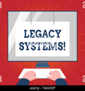 La scrittura della nota che mostra i sistemi legacy. Il concetto di business per il vecchio metodo technology sistema di computer o un programma di applicazione le mani sulla parte anteriore della tastiera M bianca Foto Stock