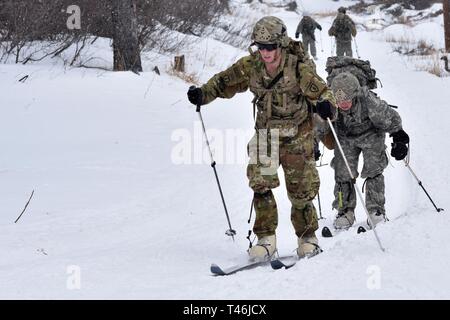 Il freddo leader 19-004 del corso gli studenti sci lungo il sentiero Hippie dopo la porzione di sparo di dieci chilometri di biathlon a la guerra del nord del centro di formazione di Black Rapids Sito di formazione Marzo 12, 2019. Il freddo in corso i Leader squadra treni- e plotone di dirigenti di livello in le conoscenze e le competenze necessarie per svolgere con successo le piccole operazioni unitarie in un freddo, coperto di neve e ambiente. L accento è posto sugli effetti del freddo sul personale e materiale, uso di basic freddo di abbigliamento e attrezzature, campo invernale craft, con le racchette da neve e piste tecniche e in inverno o regioni fredde navigati Foto Stock