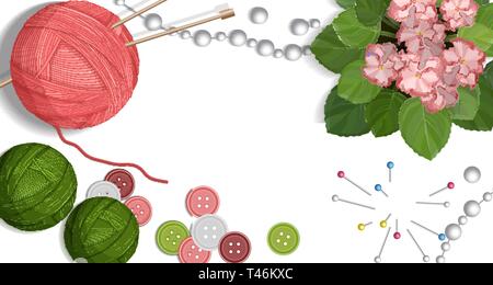 Tabella colorati con prodotti artigianali fatti a mano per la maglieria e accessori per il cucito illustrazione vettoriale Illustrazione Vettoriale