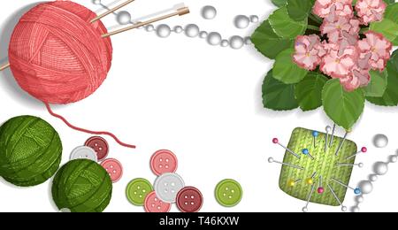 Tabella colorati con prodotti artigianali fatti a mano per la maglieria e accessori per il cucito illustrazione vettoriale Illustrazione Vettoriale