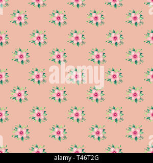 Acquerello illustrazione di rosa ciliegia flowering rose. Set floreali su sfondo bianco senza giunture di pattern Foto Stock