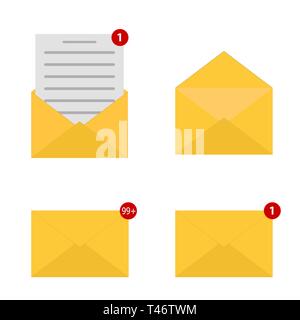 Icone di posta elettronica impostare. Segno di inviluppo. Un messaggio in arrivo. Nuovo messaggio di notifica di posta elettronica. Aprire e leggere il messaggio. Illustrazione Vettoriale eps10 Illustrazione Vettoriale