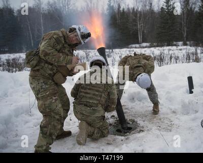 Esercito fuoco indiretto di fanti assegnato alla sede centrale e sede società, 3° Battaglione, 509a paracadute Reggimento di Fanteria, quarta brigata di fanteria combattere Team (airborne), XXV divisione di fanteria, U.S. Esercito di Alaska, azionare il M252 81 mm sistema di mortaio durante il live-formazione antincendio a base comune Elmendorf-Richardson, Alaska, Marzo 14, 2019. I soldati hanno affinato le loro equipaggio servita abilità di arma da fuoco di conduzione missioni utilizzando la M252 81 mm sistema di malta. Foto Stock