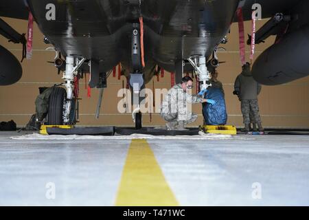 Sergente tecnico ed McGaughey, 104th gruppo di manutenzione degli aeromobili Sistemi pneudraulic tecnico di manutenzione, mette un coperchio di ruota su un F-15 Eagle prima di eseguire il test di un nuovo regime attuatore freno 14 marzo 2019, presso Barnes Air National Guard Base, Massachusetts. McGaughey è il test di aeromobili di utilità di sistema che controlla la velocità di azionamento del freno per assicurarsi che non ci siano perdite e per eliminare eventuale aria fuori le linee idrauliche. Foto Stock