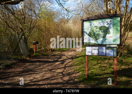 Mappa e segno lungo il percorso del bosco nel sole di primavera, Selsdon boschi, Surrey, England, Regno Unito, Europa Foto Stock