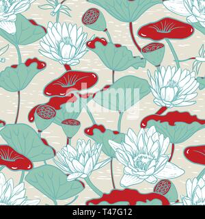 Elegante Ninfee, ninfei seamless motivo floreale Illustrazione Vettoriale