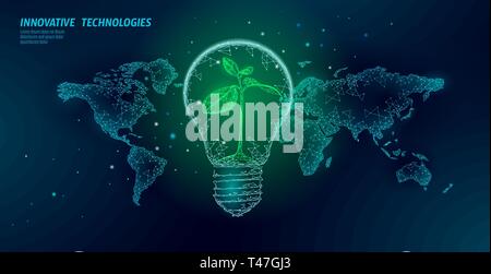 Lampadina con pianta piccola sulla mappa del mondo. Lampada risparmio energetico ecologia ambiente germoglio idea concetto. Luce poligonale elettricità verde di alimentazione di energia Illustrazione Vettoriale