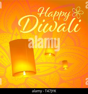 Cartolina per il Diwali Festival con realistica sky lanterne e mandala. Felice Diwali concetto, insegne. Tipografia poster o un logo per Diwali Festival Illustrazione Vettoriale
