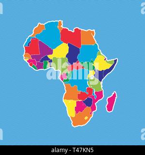 Africa mappa politico. Mappa colorati separati su onda blu sullo sfondo dell'acqua. Illustrazione Vettoriale