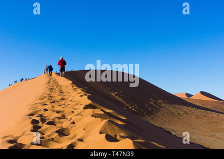 Le persone o i turisti duna di arrampicata 45 in Sossusvlei, Namib Naukluft national park, Namibia, Africa Foto Stock