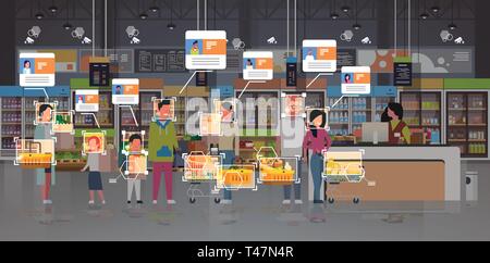 Negozio di alimentari di identificazione clienti tvcc riconoscimento facciale concetto mix gara persone linea permanente di coda alla cassa dei supermercati moderni Illustrazione Vettoriale